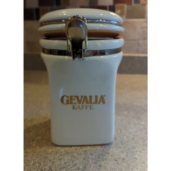 Gevalia Kaffe White & Gold Coffee Tea Ceramic Canister Airtight Hinge Lock 7.5" - Picture 7 of 9